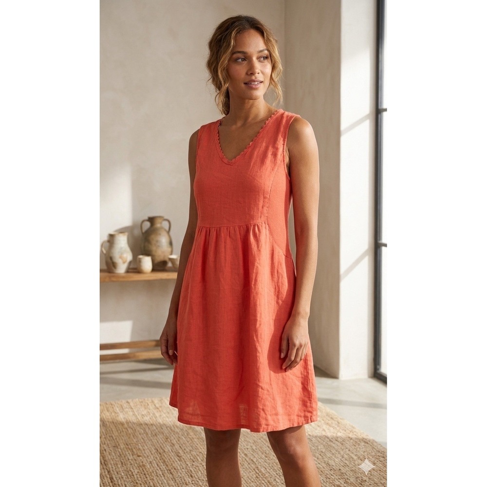 Terzo Millennio Italy Coral Linen V-Neck Lace Trim Sleeveless Tunic Mini Dress